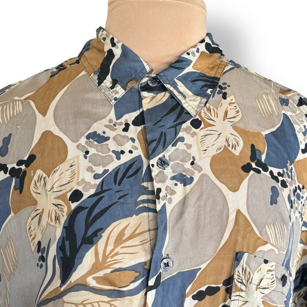 Vintage Bruno D Silk Shirt Blue Tan Abstract Floral Short Sleeve Button Up XL